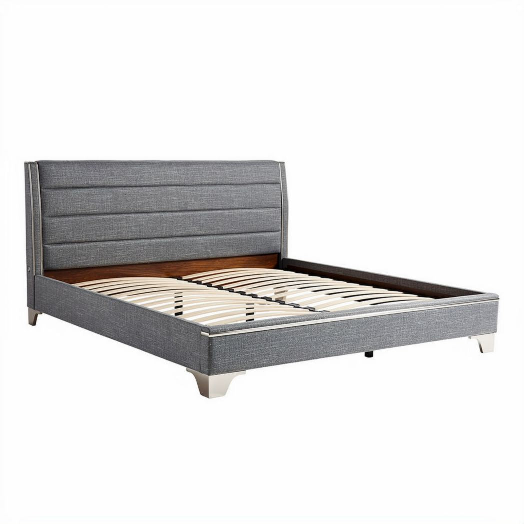 Fabric upholstered platform bed frame with wooden slats 202 x 160 x 35cm grey