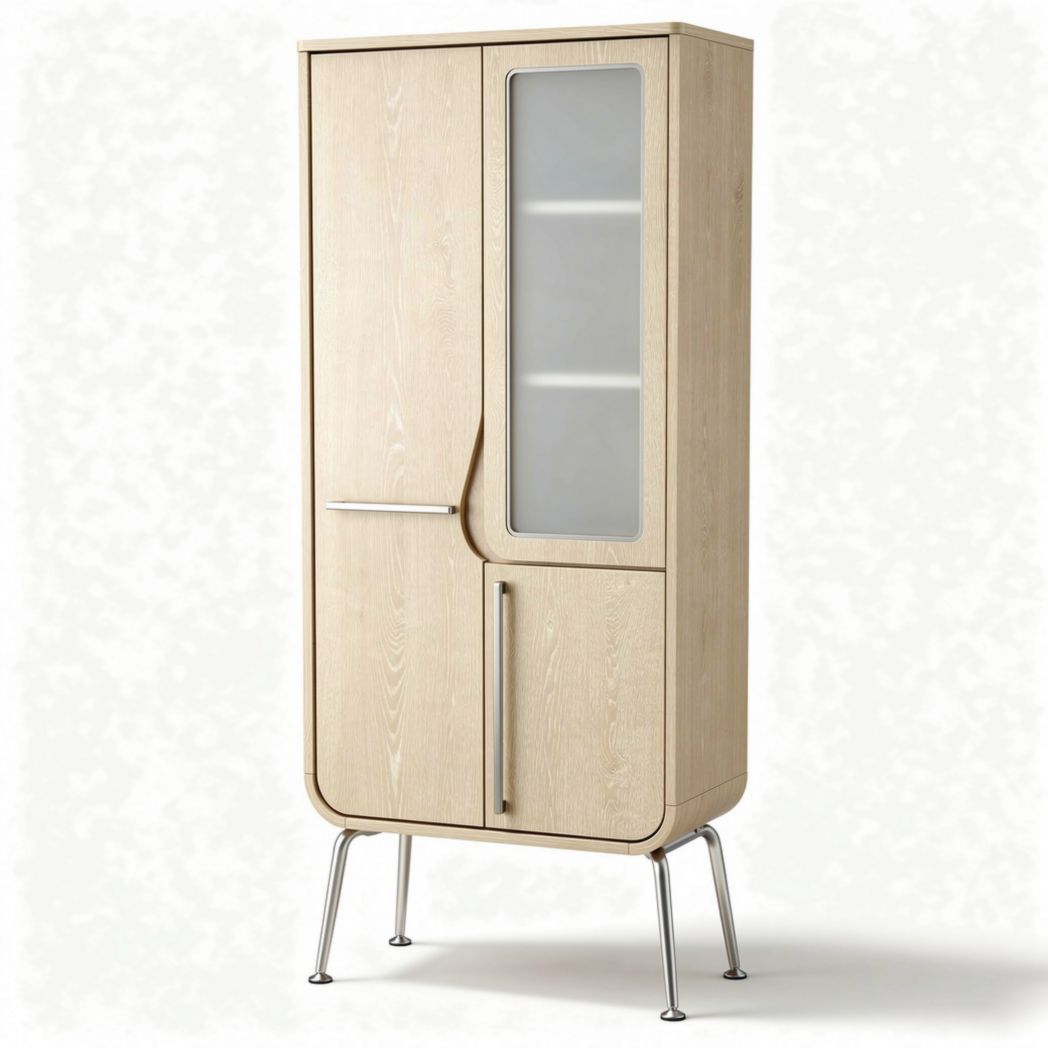 Wooden storage cabinet with glass doors and metal legs 80 x 40 x 180cm
