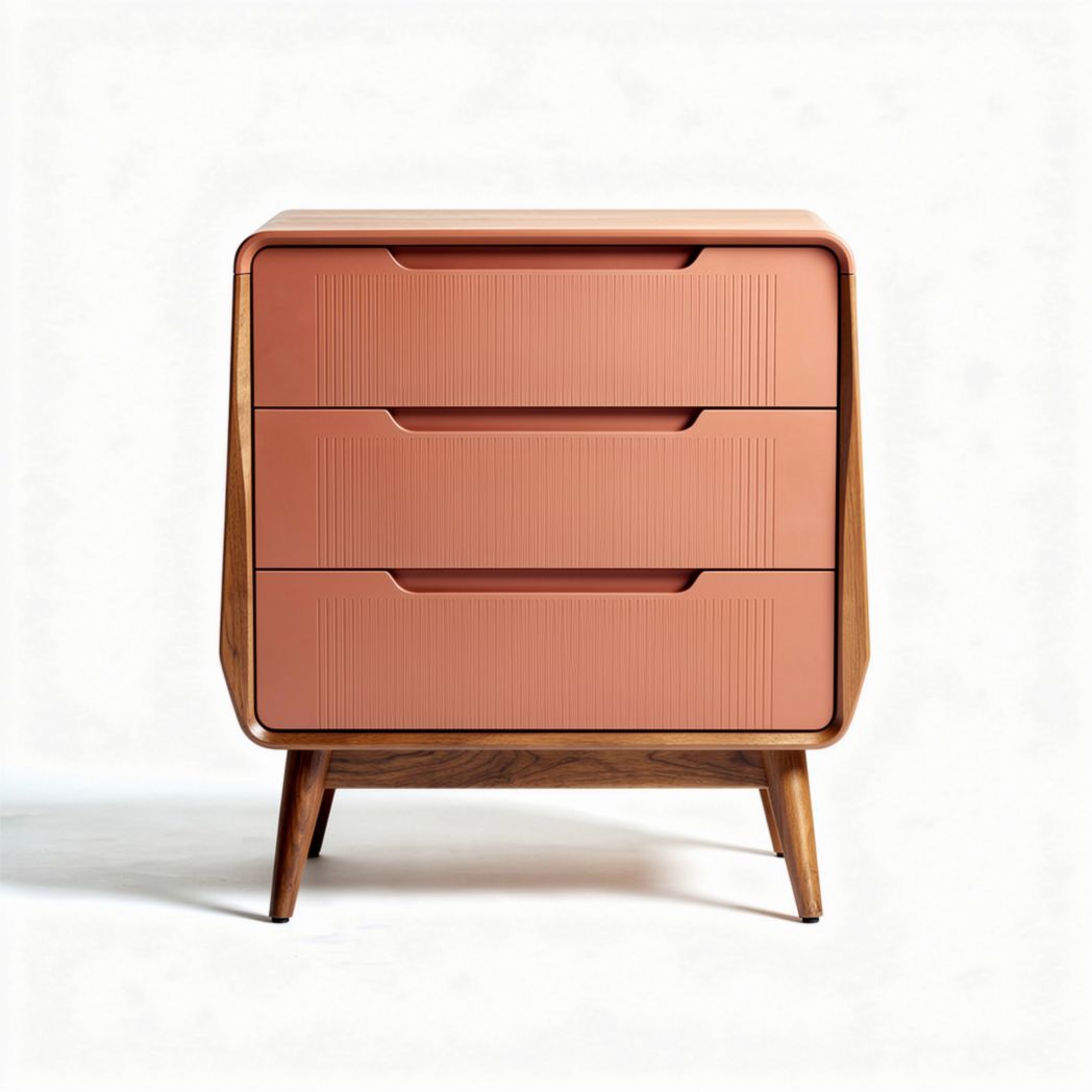 Mid-century modern nightstand with three storage drawers in coral finish