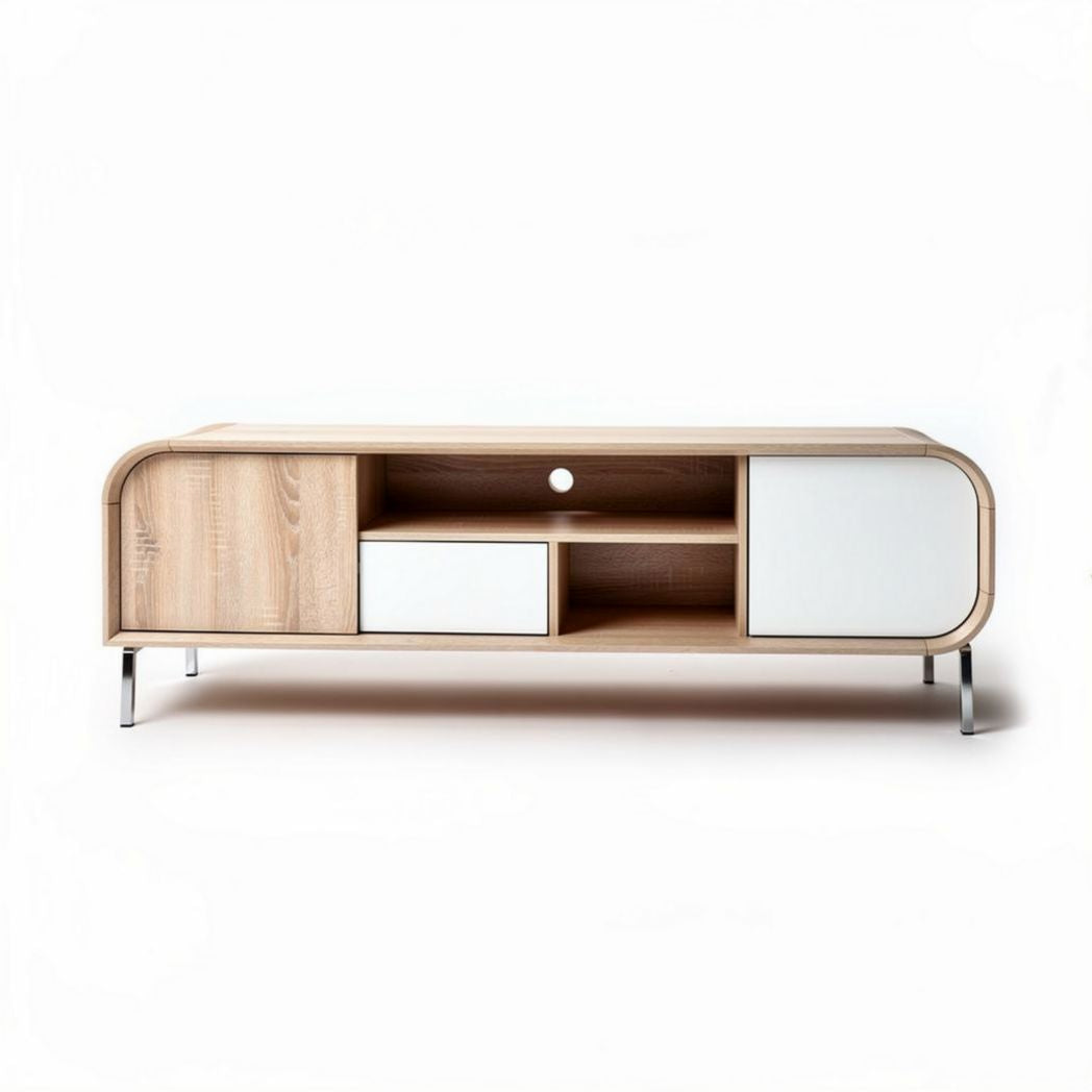 Lacquered wood television stand with storage compartment in white and oak finish
