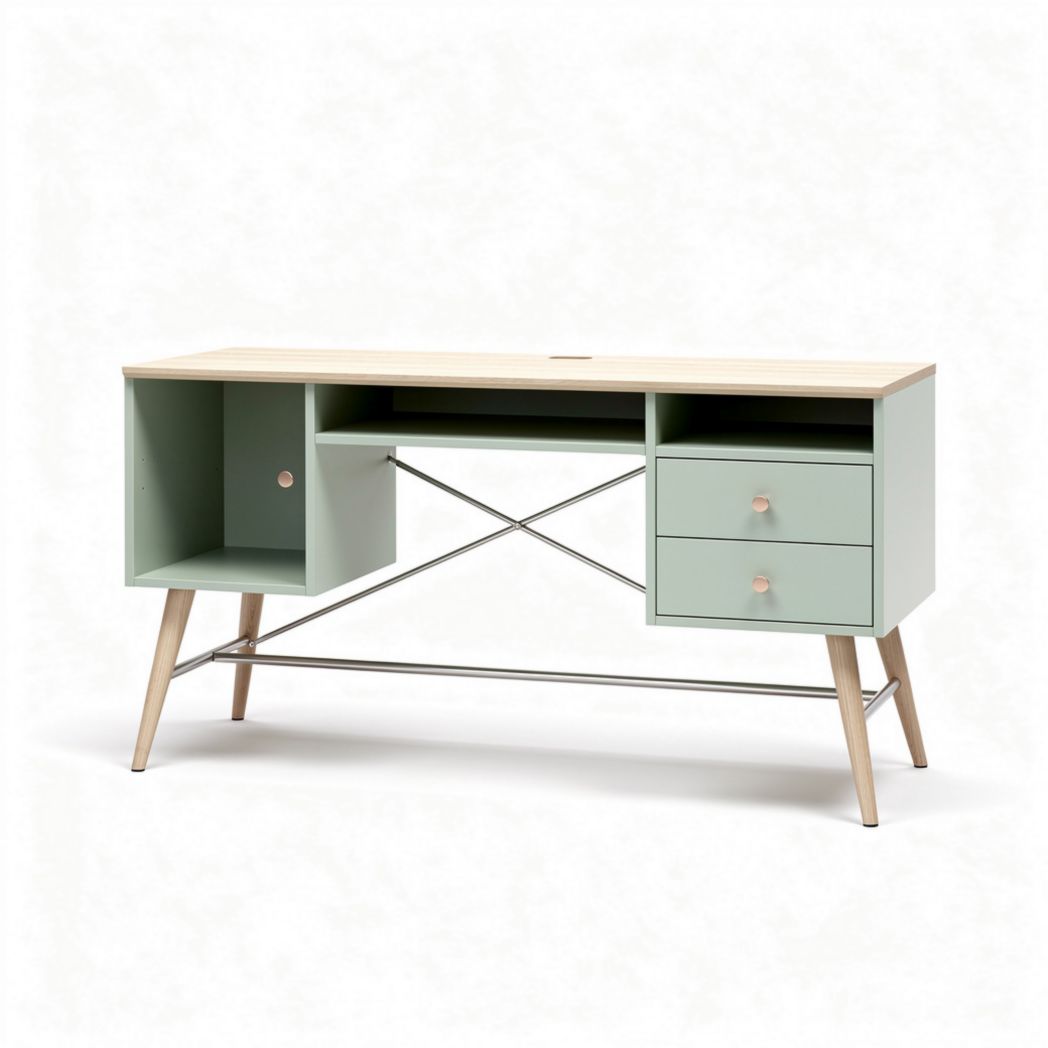 Modern minimalist desk with storage compartments in light green and wood finish 120 x 60 x 75cm