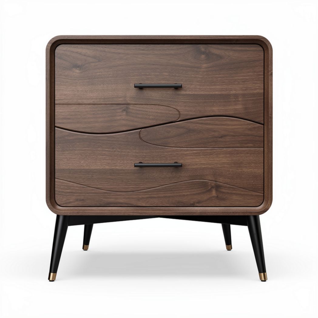 Wooden nightstand with carved design and black metal legs 60 x 40 x 50cm