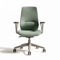 Ergonomic office chair with adjustable armrests and green fabric upholstery