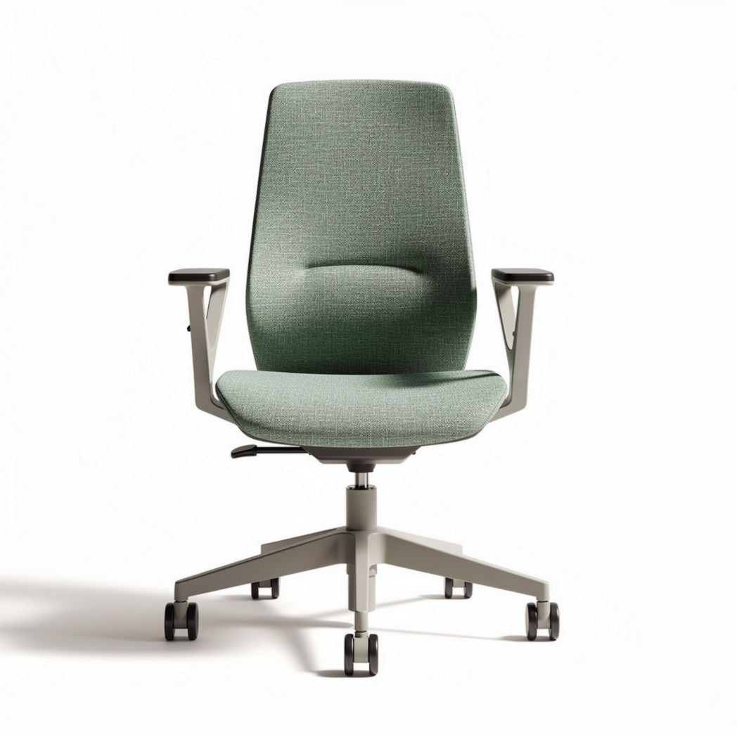 Ergonomic office chair with adjustable armrests and green fabric upholstery