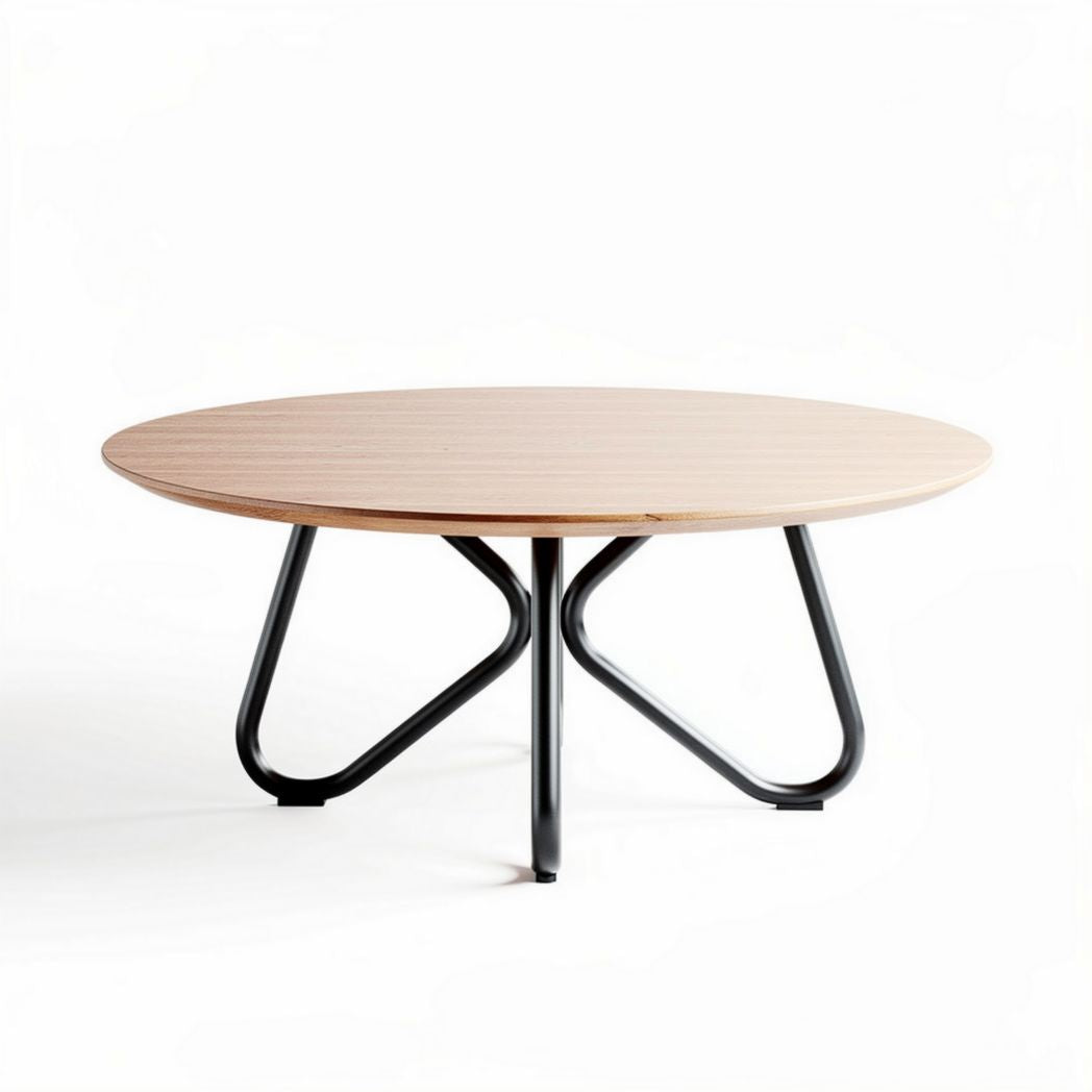 Round wooden coffee table with black metal legs 100 x 100 x 40cm