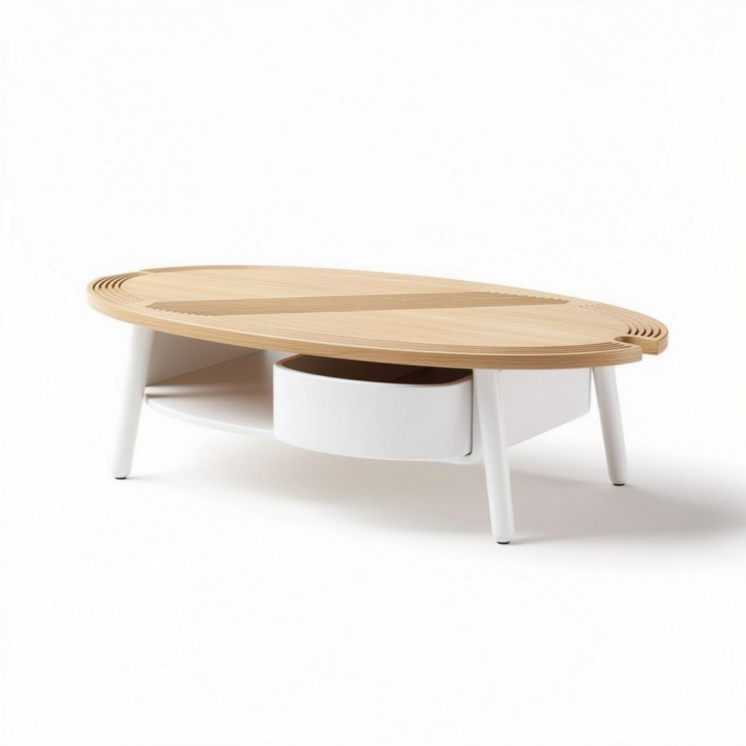 Wooden oval coffee table with storage drawer and white legs 110 x 65 x 35cm